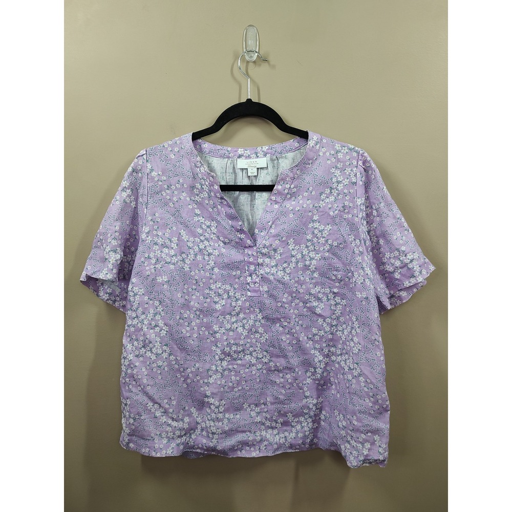 Charter Club Luxury Lavender Floral 100% Linen Short Sleeve Blouse Petite Large